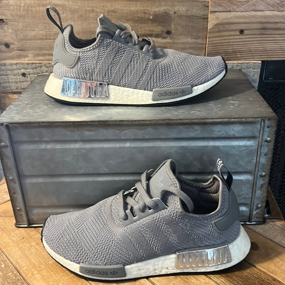 Adidas NMD, womens, size 8.5, Grey quilt w/ silver
